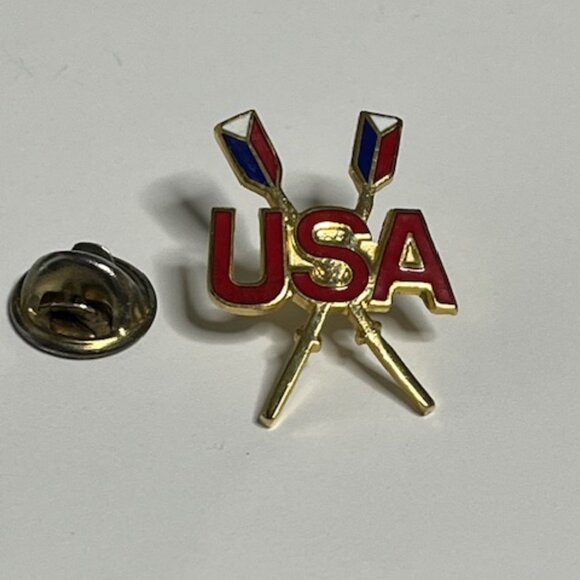 VTG USA Rowing Team Gold Tone Enamel Red White Blue Lapel Hat Vest Pin 1" - Picture 1 of 8